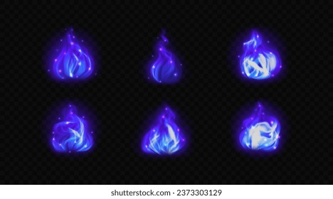 Blue magic fire isolated on transparent background. Vector design elements with glowing swirl flames with sparkles