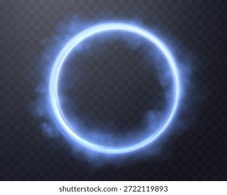 Blauer magischer Leuchtring mit Rauch. Neon realistische Energie Fackel Halo Ring. Abstrakter Lichteffekt auf schwarzem Hintergrund. Vektorgrafik.