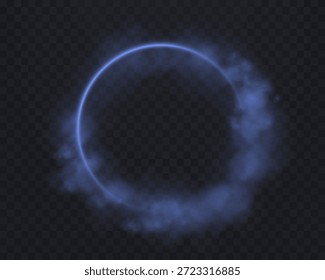 Blauer magischer Leuchtring mit Rauch. Neon realistische Energie Fackel Halo Ring. Abstrakter Lichteffekt auf schwarzem Hintergrund. Vektorgrafik.