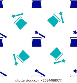 Blue Magic hat and wand icon isolated seamless pattern on white background. Magic trick. Mystery entertainment concept.  Vector