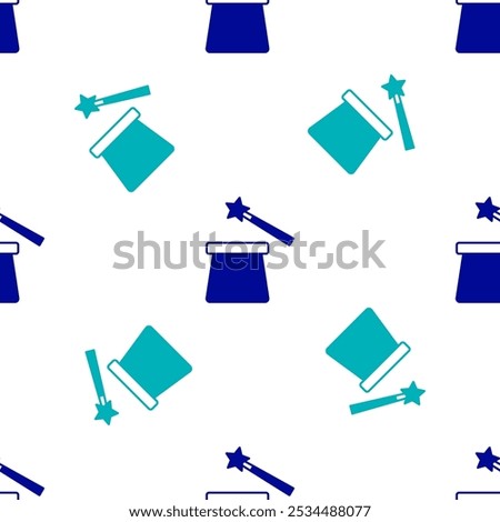 Blue Magic hat and wand icon isolated seamless pattern on white background. Magic trick. Mystery entertainment concept.  Vector
