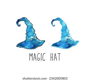 Blue magic hat watercolor hand-drawn doodle cartoon magician drawing cap.