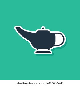Blue Magic lamp icon isolated on green background. Spiritual lamp for wish.  Vector Illustration