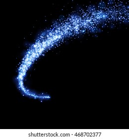 Blue Magic Light Trail Of Glittering Comet Tail. Glowing Glitter Sparkles Twirl. Shining Diamond Spray Isolated On Black Background