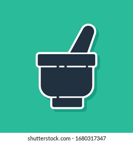 Blue Magic mortar and pestle icon isolated on green background.  Vector Illustration