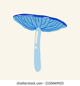 Blue magic mushroom on a light background. Psychedelic sti Flat design, hand drawn cartoon, vector.