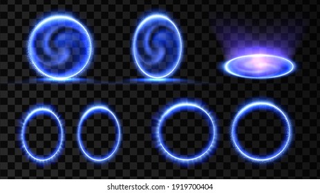 Blue magic portal. 3d hologram effect. Energy vortex teleport. Light circle frame. Isolated vector background.