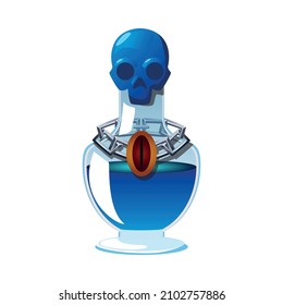 Blue magic potion in glass bottle with skull realistic vector illustration