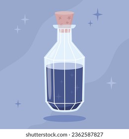 Blue magic potion in a glass bottle illustration in flat cartoon style. Witchcraft Halloween which attributes.