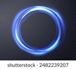 Blue magic ring with glowing. Neon realistic energy flare halo ring. Abstract light effect on a dark transparent background. Vector illustration.