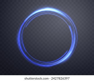 Blue magic ring with glowing. Neon realistic energy flare halo ring. Abstract light effect on a dark transparent background. Vector illustration.