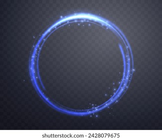 Blue magic ring with glowing. Neon realistic energy flare halo ring. Abstract light effect on a dark transparent background. Vector illustration.