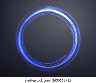 Blue magic ring with glowing. Neon realistic energy flare halo ring. Abstract light effect on a dark transparent background. Vector illustration.