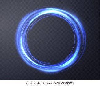 Blue magic ring with glowing. Neon realistic energy flare halo ring. Abstract light effect on a dark transparent background. Vector illustration.