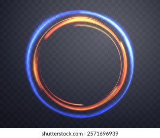 Blue magic ring with glowing. Neon realistic energy flare halo ring. Abstract light effect on a dark transparent background. Vector illustration.