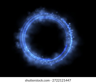 Blauer Zauberring mit Rauch und leuchtenden Teilchen. Neon realistische Energie Fackel Halo Ring. Abstrakter Lichteffekt auf schwarzem Hintergrund. Vektorgrafik.