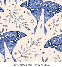 Blue magic seamless pattern with butterflies. Contemporary composition. For wallpaper, fabric, background.