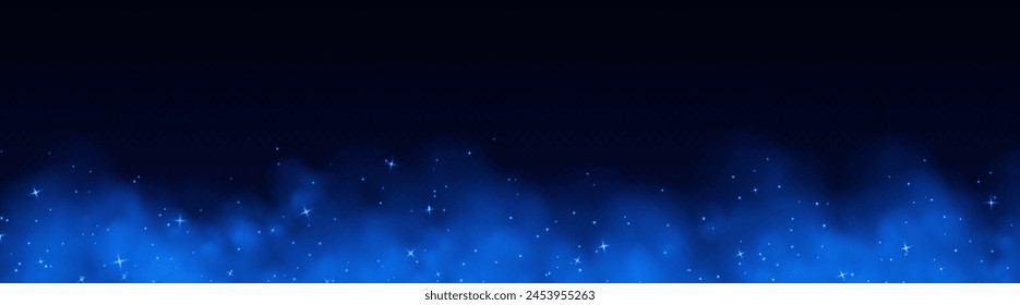 Blue magic smoke with stars and sparkles, fog with glowing particles, colorful vapor with star dust. Fantasy haze background. Vector illustration.