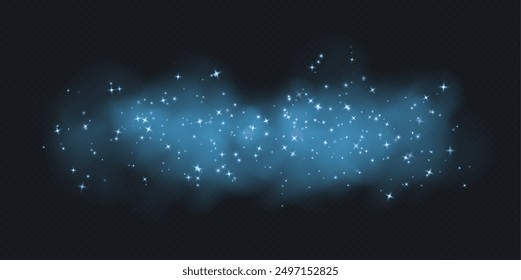 Blue magic smoke with stars and sparkles, fog with glowing particles, colorful vapor with star dust. Fantasy haze overlay. Vector illustration.