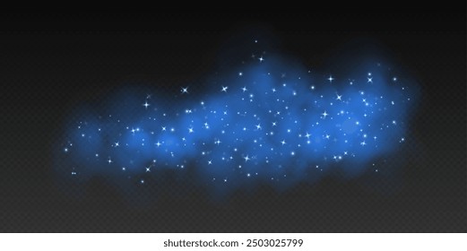 Blue magic smoke with stars and sparkles, fog with glowing particles, colorful vapor with star dust. Fantasy haze overlay. Vector illustration.