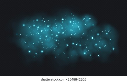 Fumaça mágica azul com estrelas e cintilações, nevoeiro com partículas brilhantes, vapor colorido com poeira estelar. Sobreposição de névoa de fantasia. Ilustração vetorial.