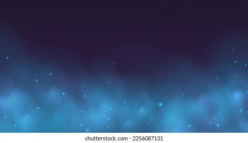 Blue magic smoke, transparent fog with sparkles, glowing colorful haze, mistery background with particles. Colored powder effect, universe atmosphere with starlight. Vector illustration.