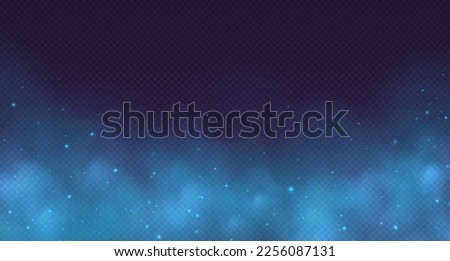 Blue magic smoke, transparent fog with sparkles, glowing colorful haze, mistery background with particles. Colored powder effect, universe atmosphere with starlight. Vector illustration.