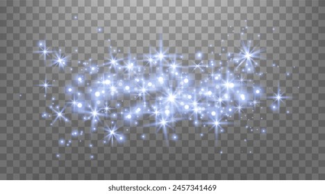 Blue magic sparks and dust stars. Blue glow flare light effect. Christmas light effect. Vector particles on transparent background.