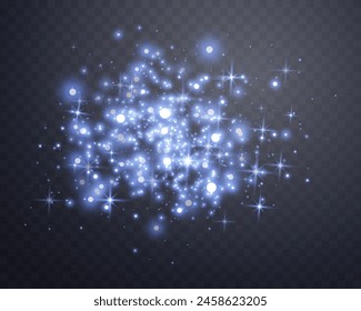 Blue magic sparks and dust stars. Blue glow flare light effect. Christmas light effect. Vector particles on transparent background.