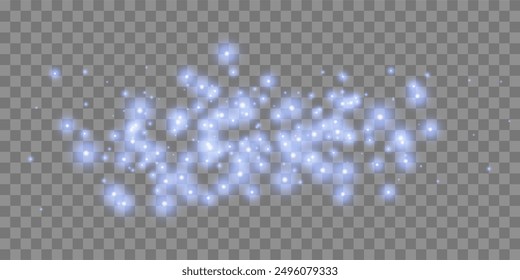 Blue magic sparks and dust stars. Blue glow flare light effect. Vector particles on transparent background. 