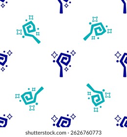 Icono de personal de magia azul aislado sin patrón sobre fondo blanco. Varita mágica, cetro, palo, varilla.  Vector