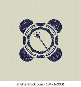 Blue magic stick icon inside distress grunge stamp