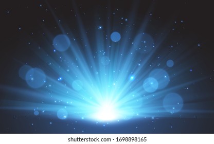 Blue magic Sunrise. Sunlight special lens flash light effect on transparent background. Effect of blurring light. Vector Illustration.