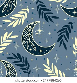 Blue magic vector pattern with plants, stars, crescent. Boho pattern for astrology, textiles, wrapping paper, design.
