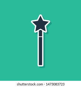 Blue Magic wand icon isolated on green background. Star shape magic accessory. Magical power.  Vector Illustration