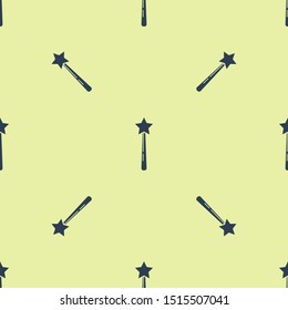 Blue Magic wand icon isolated seamless pattern on yellow background. Star shape magic accessory. Magical power.  Vector Illustration
