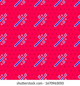 Blue Magic wand icon isolated seamless pattern on red background. Star shape magic accessory. Magical power.  Vector Illustration