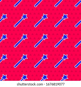 Blue Magic wand icon isolated seamless pattern on red background. Star shape magic accessory. Magical power.  Vector Illustration