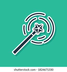 Blue Magic wand icon isolated on green background. Star shape magic accessory. Magical power.  Vector Illustration