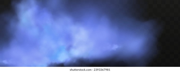 Blue magical fog over the ground.Illustration of night transparent clouds and fog over the river. Realistic neon magic mist steam on a transparent dark background.