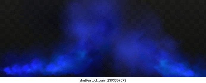 Blue magical fog over the ground.Illustration of night transparent clouds and fog over the river. Realistic neon magic mist steam on a transparent dark background.