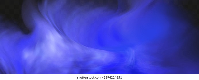 Blue magical fog over the ground.Illustration of night transparent clouds and fog over the river. Realistic neon magic mist steam on a transparent dark background.