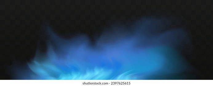 Blue magical fog over the ground.Illustration of night transparent clouds and fog over the river. Realistic neon magic mist steam on a transparent dark background.