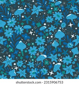 Blue Magical garden with mushrooms and dragonflies seamless vector pattern. Floral night vector pattern.