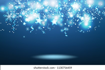 Blue magical shooting stars falling, winter season, stars burst confetti, snowflakes and ribbons, glowing particles celebration festival holiday abstract background vector illustration
