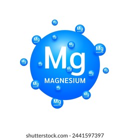 Minerales de magnesio azul sobre fondo blanco. Nutrientes naturales y vitaminas esenciales para ayudar al cuerpo a reparar los órganos dañados. Para la publicidad de suplementos médicos de diseño. Vector 3D EPS10.