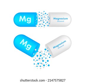 Blue Magnesium On White Background. Magnesium Mineral. Mg Pill Capsule. Vector Stock Illustration