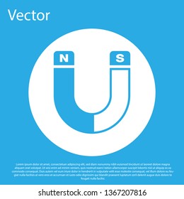 Blue Magnet icon isolated on blue background. Horseshoe magnet, magnetism, magnetize, attraction sign. White circle button. Flat design. Vector Illustration