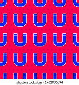 Blue Magnet icon isolated seamless pattern on red background. Horseshoe magnet, magnetism, magnetize, attraction.  Vector