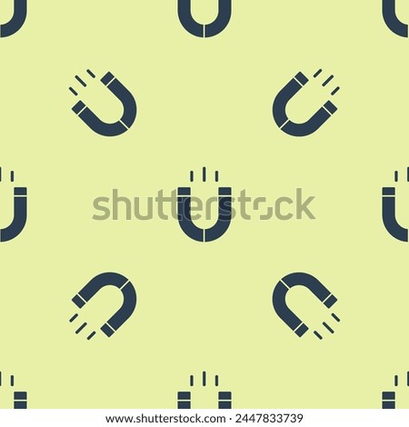 Blue Magnet icon isolated seamless pattern on yellow background. Horseshoe magnet, magnetism, magnetize, attraction.  Vector